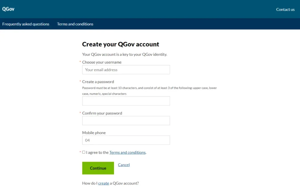 Creating the QGov account